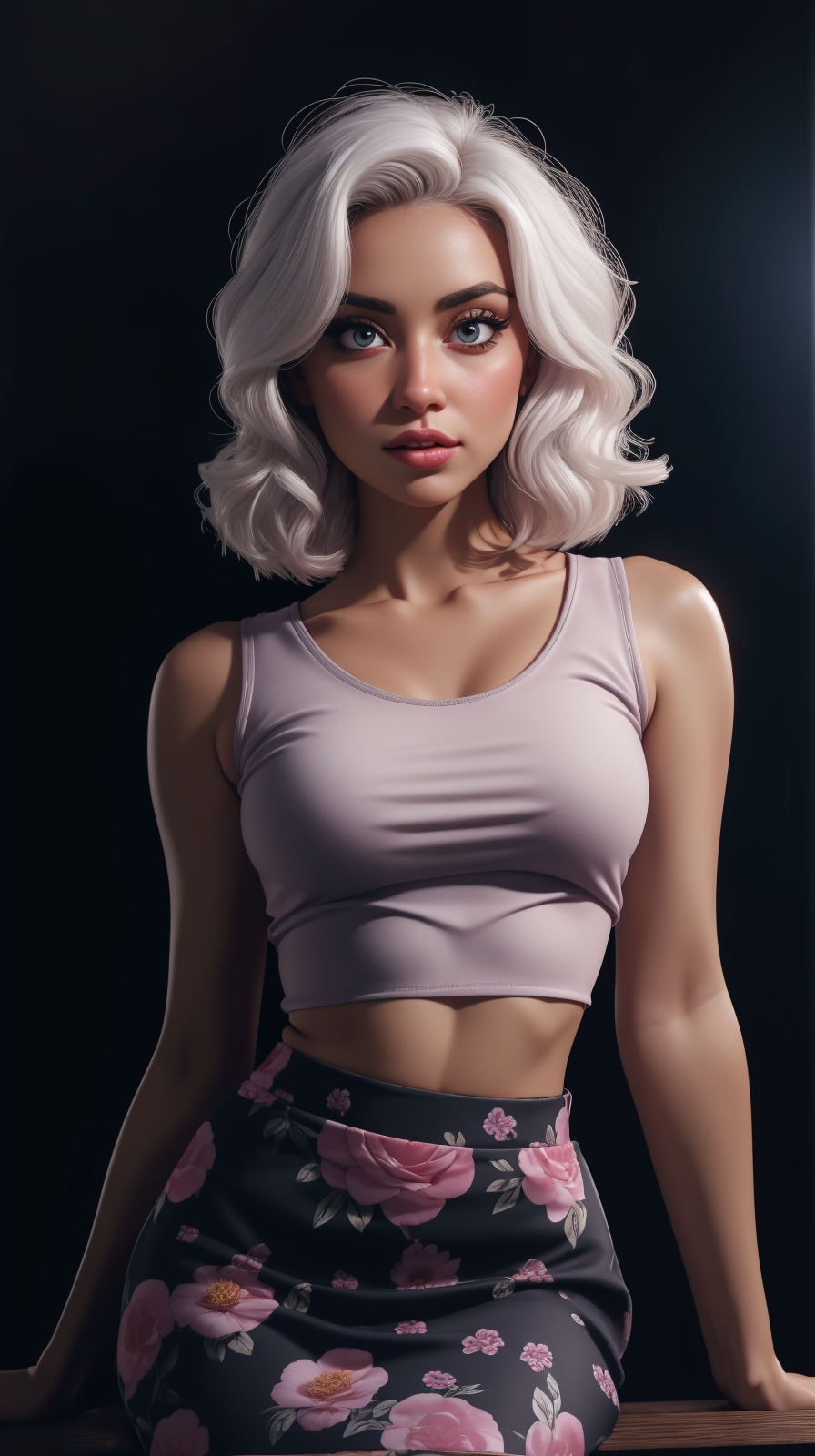 00000-3233791191-realistic, 1girl, white hair, purple eyes, glowing eyes, crop top, skirt, parted lips, blush, night, flowers, kkw-ph1, _lora_Low.png